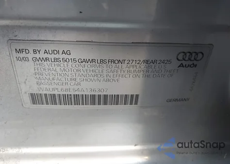 2004 Audi S4 4.2 из США, поврежденный, VIN WAUPL68E54A136307